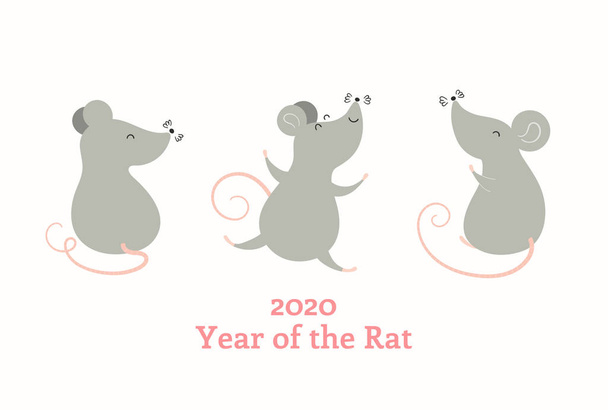 Tarjeta de felicitación de Año Nuevo chino 2020 con ratas lindas y texto con números aislados sobre fondo blanco. Concepto banner de vacaciones
 - Vector, imagen