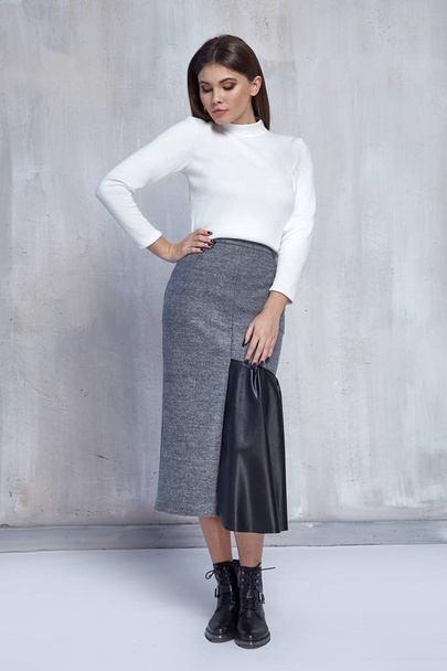Sexy pretty fashion woman wear blouse skirt casual trend clothes - Фото, зображення