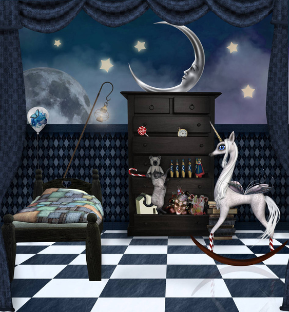 Surreal child bedroom with a little pony and a playful cat - 3D illustration - Photo, Image