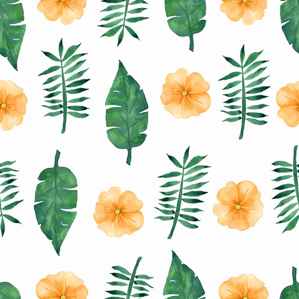 Watercolor Hand draw tropical yellow flowers and green leaves pattern on white background.  - Photo, Image