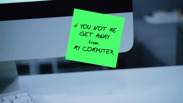 Get Away From My Computer. The inscription on the sticker on the monitor. Message. Motivation. Reminder. Handwritten text written with a marker. Color sticker. A message for an employee, a colleague - Footage, Video
