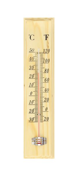 Wooden frame scale thermometer on white background. - Photo, Image