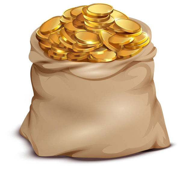 Gold coins on open full bag isolated on white - Vecteur, image