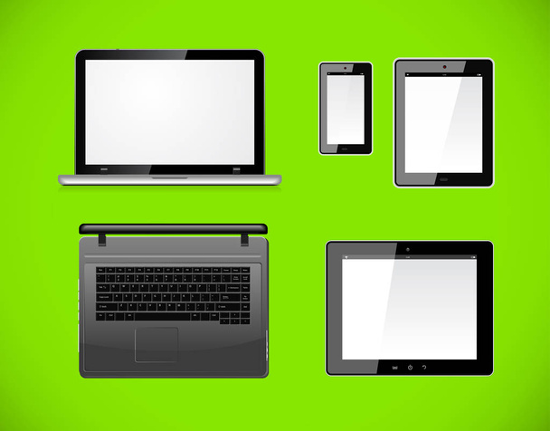 Laptop, computador tablet pc e smartphone móvel com uma tela em branco. Isolado num fundo verde. Vetor
 - Vetor, Imagem