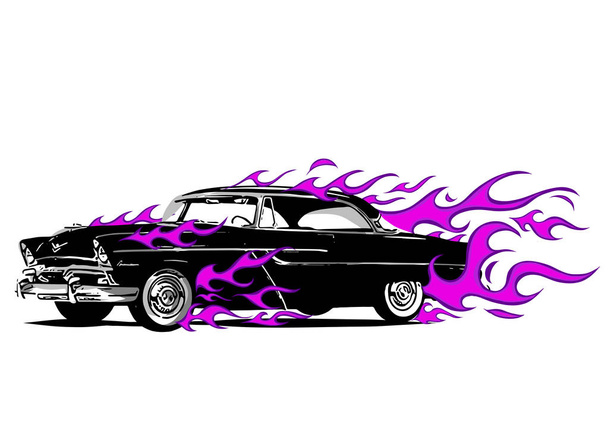 火と紫色の炎に囲まれたクラシックカー - ベクター画像