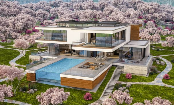 3D-Rendering des modernen Hauses am Fluss im Frühling - Foto, Bild