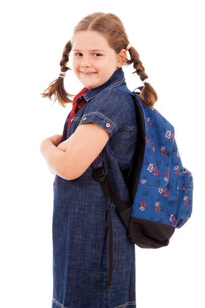 Portrait of a school girl with backpack, isolated on white backg - Photo, Image