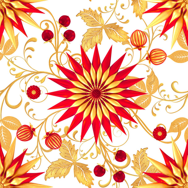 3d rendering. Golden stylized flowers, delicate shiny curls, paisley element, seamless pattern. Oriental style arabesques. Brilliant lace. Openwork weaving delicate, golden background. - Photo, Image