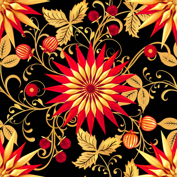3d rendering. Golden stylized flowers, delicate shiny curls, paisley element, seamless pattern. Oriental style arabesques. Brilliant lace. Openwork weaving delicate, golden background. - Foto, afbeelding