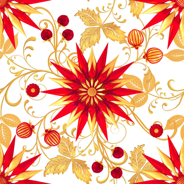 3d rendering. Golden stylized flowers, delicate shiny curls, paisley element, seamless pattern. Oriental style arabesques. Brilliant lace. Openwork weaving delicate, golden background. - Valokuva, kuva