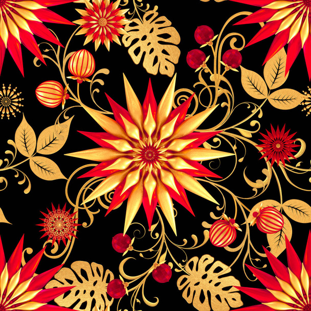 3d rendering. Golden stylized flowers, delicate shiny curls, paisley element, seamless pattern. Oriental style arabesques. Brilliant lace. Openwork weaving delicate, golden background. - Фото, изображение