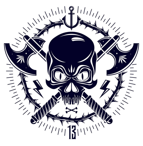 Aggressive skull pirate emblem Jolly Roger with weapons and othe - Vector, Image