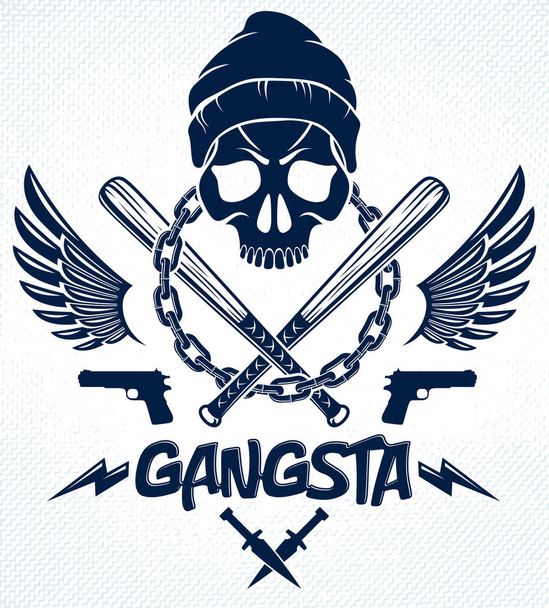Brutal gangster emblem or logo with aggressive skull baseball ba - Vektör, Görsel