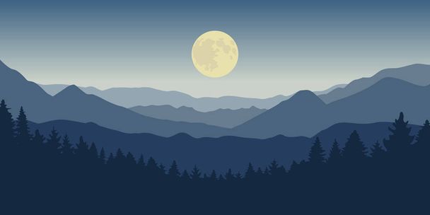 blue mountain and forest landscape at night with full moon - Vector, Image