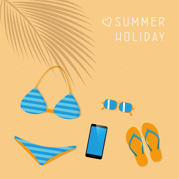 bikini smartphone napszemüveg és flipflops hölgy nyári divat - Vektor, kép