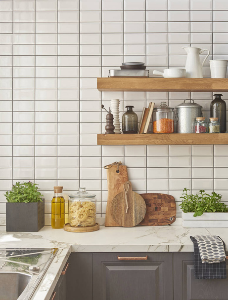Background white table with modern kitchen accessories, interior design - Foto, immagini
