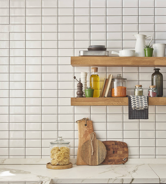 collection of different ceramics complement a patterned tiles. For more inspiration. modern kitchenware new concept  - 写真・画像