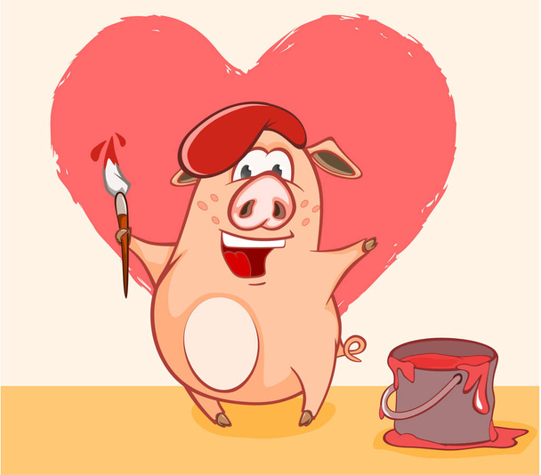 Cute vector illustration of funny pig cartoon character drawing red heart - Vektori, kuva