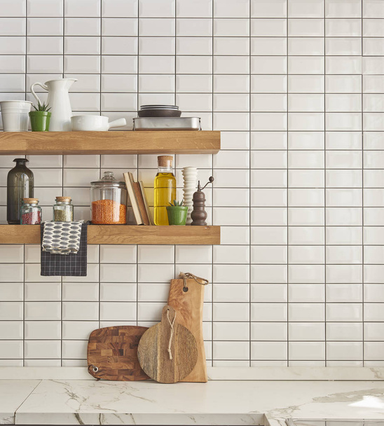 collection of different ceramics complement a patterned tiles. For more inspiration. modern kitchenware new concept  - Foto, Imagem