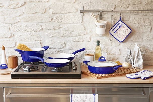 Background white table with modern kitchen accessories, interior design - Photo, Image