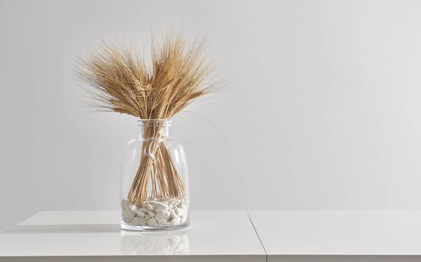 Stalks of wheat in vase on background,close up - 写真・画像