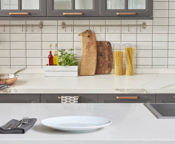 Background modern with table with modern kitchen accessories, interior design - Fotografie, Obrázek