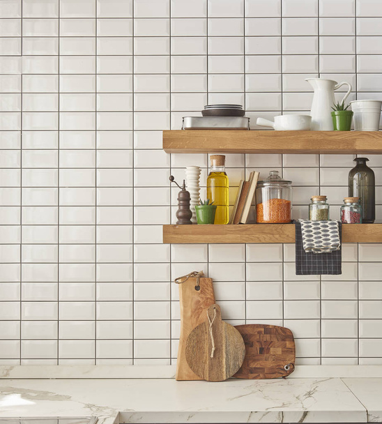 collection of different ceramics complement a patterned tiles. For more inspiration. modern kitchenware new concept  - Foto, afbeelding