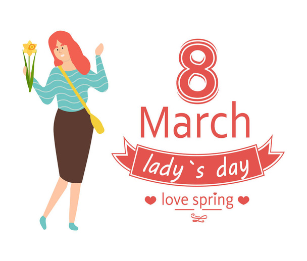 Love Spring, 8 March Lady Day and Redhead Woman - Vector, Imagen