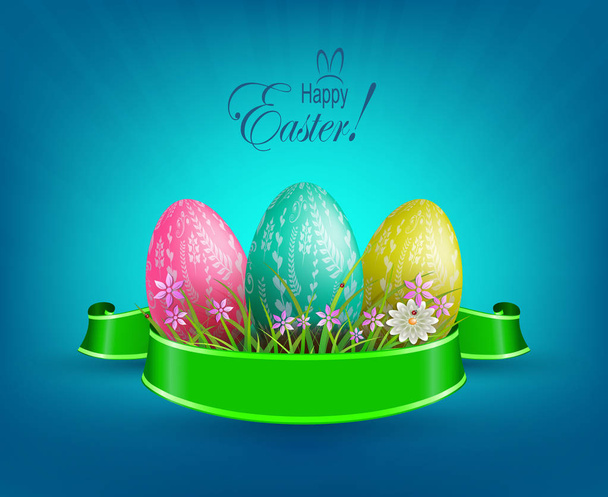 Blue composition with three Easter eggs, green ribbon and rays of light, - Vector, imagen