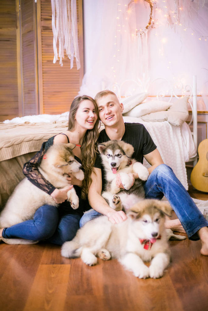 Joyful young loving couple sitting in the bedroom while expressing love with Malamute puppies  - Zdjęcie, obraz