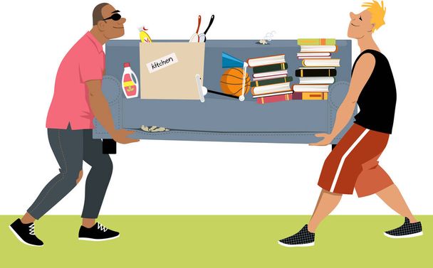 Two young man carrying a couch loaded with other belongings, moving in to a dormitory, EPS 8 vector illustration - Vector, Image