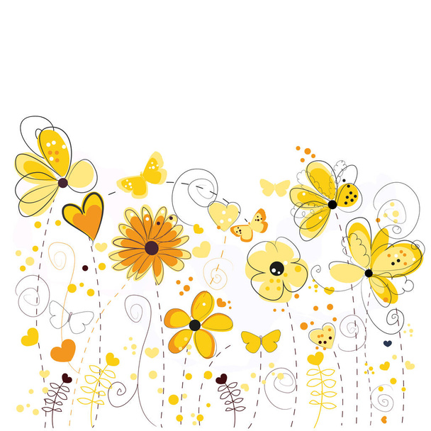 Κίτρινο floral ευχετήρια κάρτα με διακοσμητικά και αφηρημένα άνοιξη λουλούδια εικονογράφηση - Διάνυσμα, εικόνα