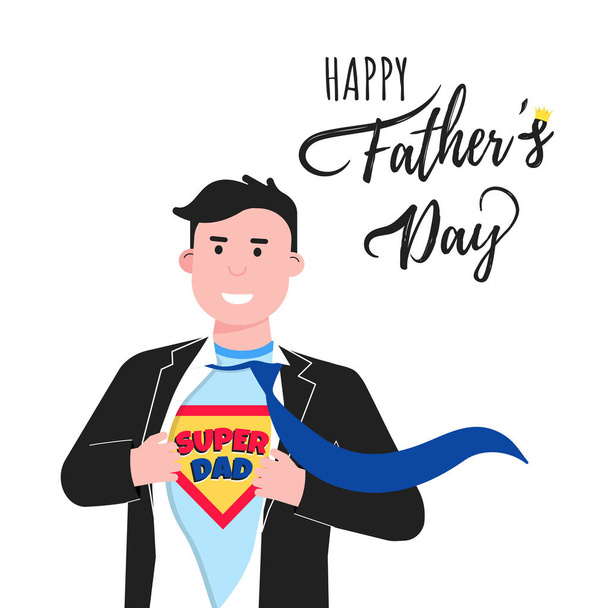 Man tear his shirt and comic style words SUPER DAD on t-shirt flat style design vector illustration isolated on white background. Male man in business suit, tie and t-shirt. Happy fathers day. - Vector, Image