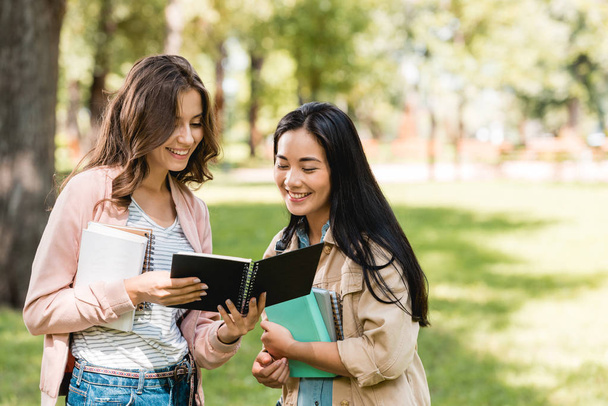 cheerful girls looking at notebook while standing in park  - Photo, Image
