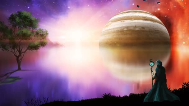 Pintura digital de paisaje de ciencia ficción con nebulosa, mago, gigante gaseoso y lago. Elementos proporcionados por la NASA
.  - Metraje, vídeo
