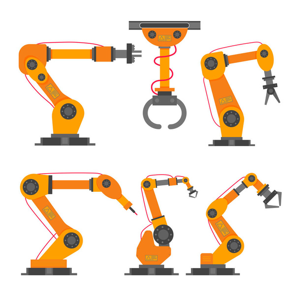 6 Robotic arm flat style design vector illustration icons signs set collection isolated on white background. Robot arm or hand. Industrial robot manipulator. Modern smart industry 4.0 technology.  - Vector, Image