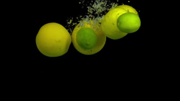 Citrus fruit in splash water on a black background - Materiał filmowy, wideo