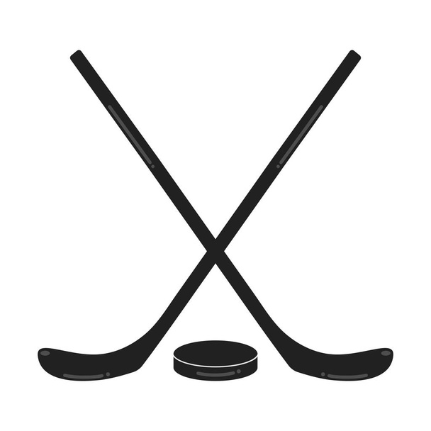 Two black hockey sticks and the puck flat style design composition vector illustration icons signs isolated on white background. Symbols of the sport game ice hockey. - ベクター画像