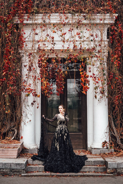 黒いイブニング ドレス入口の古い家は赤い紅葉で絡んだ近くポーズで魅力的な若い女性 - 写真・画像