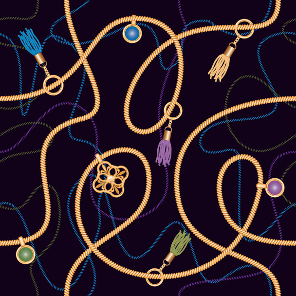 Seamless pattern with chains, pendant and tassels. Colorful trendy jewelry print for fabric, scarf, cravat design. Deep blue color. Vector - Wektor, obraz
