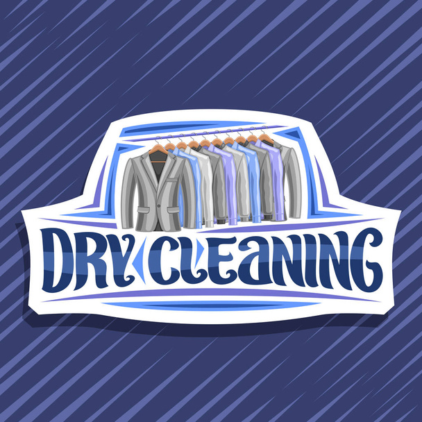 Vector logo voor chemisch reinigen, witte decoratieve tag met illustratie van moderne blazers en kleurrijke overhemden hangen hanger, oorspronkelijke penseel belettering voor woord Stomerij op blauwe abstracte achtergrond - Vector, afbeelding