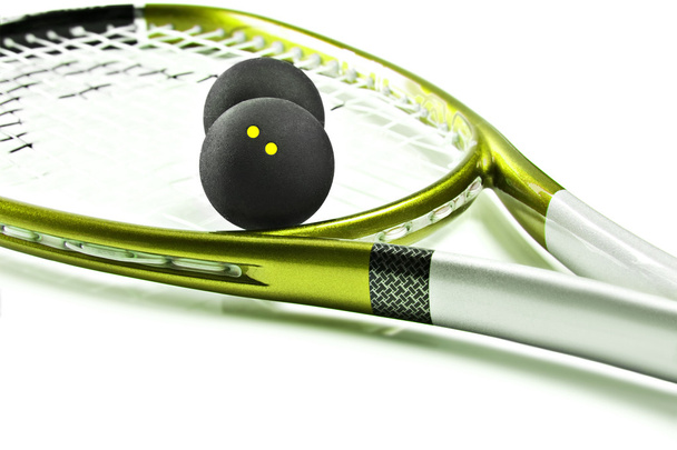 Green and silver squash racket and balls - Photo, Image