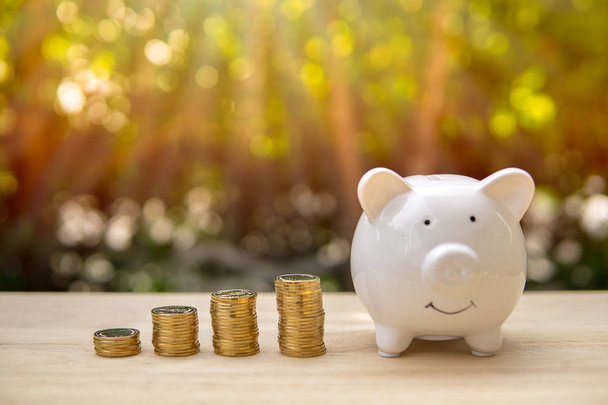 Sparschwein und Geldmünzbarren auf einem Holztisch im Sonnenlicht. - Geld sparen Konzept, Geld sparen mit Stapelgeld Münze für das Wachstum Ihres Unternehmens und sparen für die Investition und für die Zukunft. - Foto, Bild