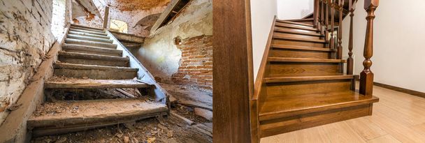 刻まれたレールと現代の茶色の木製オーク材の階段の比較 - 写真・画像