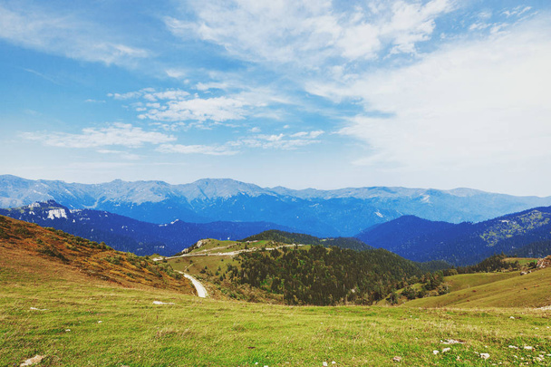 Green hills on a sunny day. Mountains. Mountain range. Nature landscape - Фото, изображение