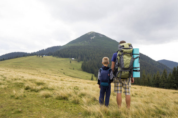 Father and son with backpacks hiking together in summer mountain - Photo, Image