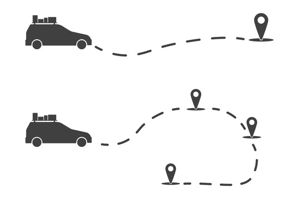 Icono viajero navegante automático. Ilustración monocromática de un coche en movimiento a lo largo de una ruta determinada. Vector sobre fondo blanco
. - Vector, Imagen