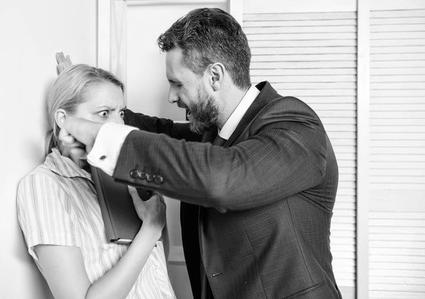 Workplace bullying concept. Sexual harassment between colleagues and flirting in office. Workforce sexual harassment. - Fotoğraf, Görsel