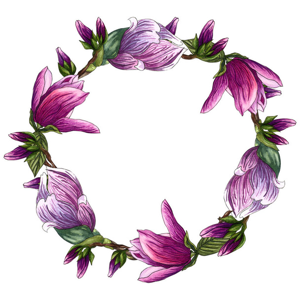 Spring wreath of blooming branches pink magnolia flowers and green leaves - Foto, Bild
