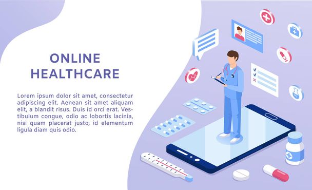 Online medicine healthcare isometric illustration. Web design vector template. Male doctor on smartphone with medication, symbols and documents.  - Vector, Image